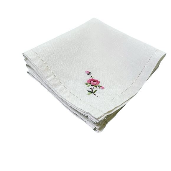 Delicate Linen Napkins Vintage Set 4 Embroidered Corner Flower Pink Green 11x11 - Picture 5 of 9